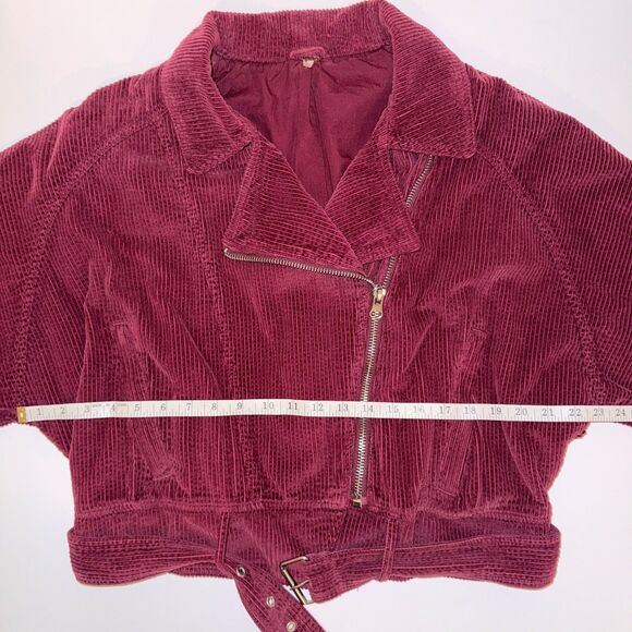 Free People Slouchy Dolman Moto Jacket Corduroy Burgundy Full Zip Lined Belted M - Picture 10 of 16